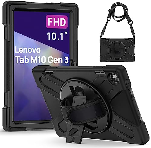 Gerutek Case for Lenovo Tab M10 3rd Gen 10.1 2022 (TB328FU/XU), Shockproof Rugged Cover with 360 Rotating Stand, Hand & Shoulder Strap, Protective Shell for Lenovo Tablet M10, Black