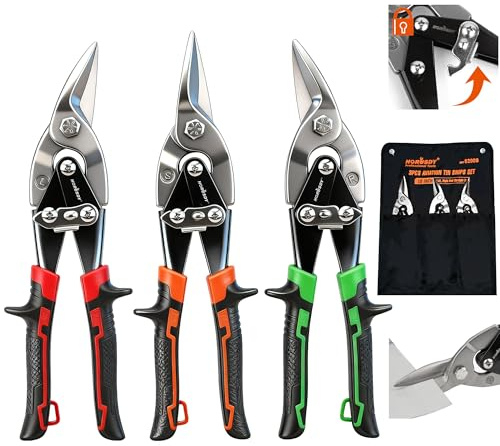 HORUSDY 3 Pack Aviation Tin Snips Set, 10 Inch Metal Straight Cut, Left Cut, Right Cut for Cut Sheet Metal, Chrome Vanadium Steel