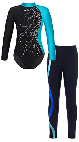 renvena Mädchen Gymnastikanzug mit Leggings Lange Hose Glitzer Turnanzug Langarm Bodysuit Trikot Body Skinny Tight Kinder Sport Ballett Kleidung Blaugrün&Royal Blau 146-152/11-12 Jahre