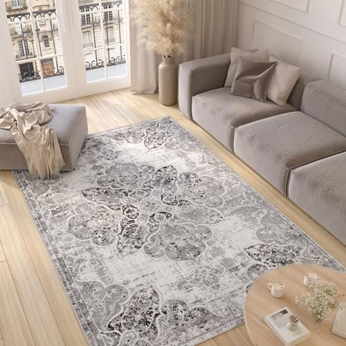 TAPISO Valley Teppich Kurzflor Vintage Weiß Creme Schwarz Blumen Rahmen Oriental Used Effekt Verwischt Wohnzimmer Schlafzimmer ÖKO-TEX 120 x 170 cm