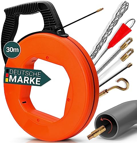 HEIMFELD® Kabeleinziehhilfe 30M - Hochwertige Einziehspirale inkl. 6 Adapter - Zugdraht für Leerrohre mit bruchsicherem Kabel [4mm] - Einziehfeder mit verbesserter Version [2024] - Einziehhilfe