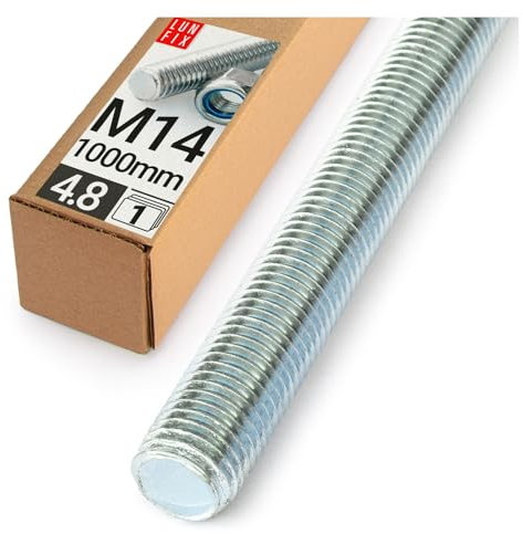 Barra Filettata M14x1000 mm, 1 pezzi, Asta Filettata Acciaio 4.8 DIN 976, Barre Filettate Metrica, Perni Filettati, Filetto Asta Metrica, Bulloni Filettati per Montaggio Industriale, Lun Fix