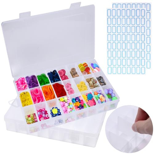 Fisynug 2PCS Plastik Sortierboxen für Kleinteile Transparente Aufbewahrungsbox Perlen 24 Gitter Aufbewahrungsbox für Kunsthandwerk Schmuck Angelzubehör mit 128 Bogen Etikettenaufklebern