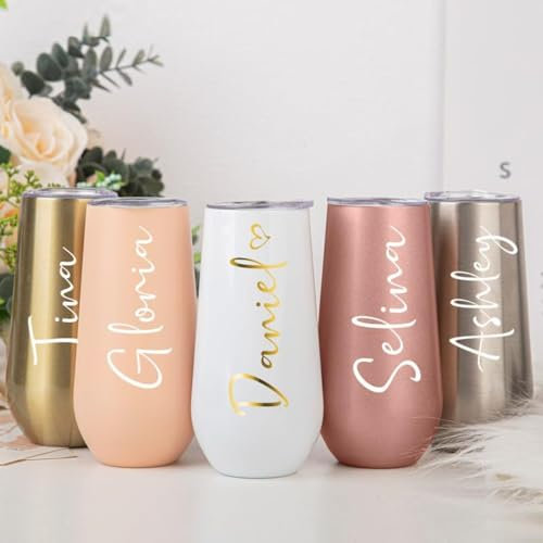 Flute da champagne personalizzate, regalo per damigella d'onore, calici da champagne senza stelo da 170 ml, bicchiere da vino personalizzato, bicchieri da champagne in acciaio inox per sposa, regalo
