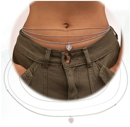 VFUN Rosa hjärta kedjebälte för kvinnor, mode magkedja, flerskiktad metall midjekedja, justerbar metallkroppskedja, höftkedja för klänning, jeans