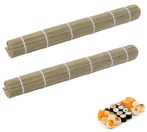 OUDQFCJ 2 pezzi Tappetino, Stuoia in stile giapponese, Rotolo naturale Maki, in bambù di alta qualità, Lavabile e Riutilizzabile, Kit e Strumenti Sushi (24 x 24 cm)