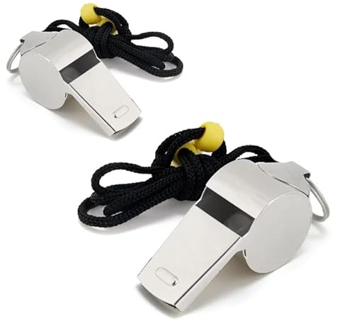 Lot de 2 Sifflet en Acier Inoxydable, avec Cordon, Sifflet de Survie Fort, Sifflet Arbitre, Idéal pour Entraîneurs, Arbitres