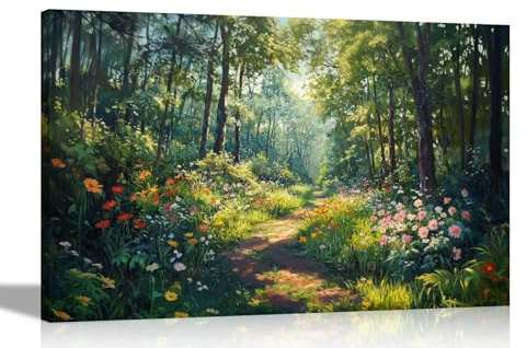Artley Prints - Wilderness Walk Green Forest Summer Flowers Canvas Wall Art Prints Framed Pictures Home Living Room Bedroom Extra Large 101 x 76cm (40 x 30 inches)