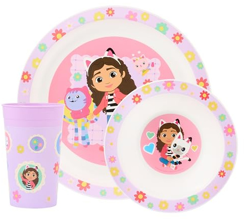 Gabby's Dollhouse 3 Piece Polypropylene Children's Dinner Set, Plate Bowl and Tumbler Featuring Gabby & Friends, 36 Months Plus, Microwave and Dishwasher Safe, Pink