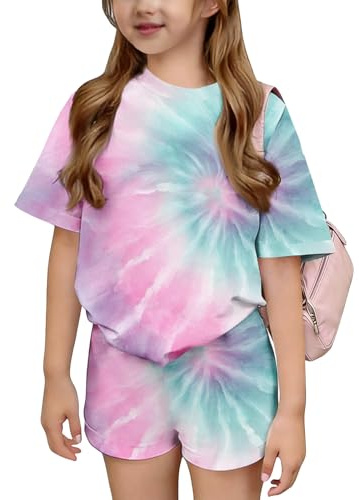 Girls Tie Dye 2-Piece Outfits Kids Short Sleeve T-Shirt & Elastic Waist Shorts Sets Soft Summer Casual Loungewear for Playdates School Holidays Everyday Wear