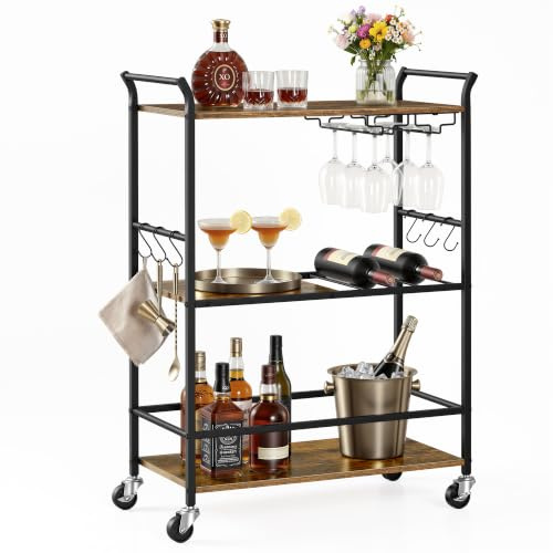 VASAGLE Carrito de Bar, Carro de Cocina de Acero y Tablero de partículas, 3 Niveles con Ruedas y botellero, 64,5 x 32 x 85,5 cm, marrón rústico, para salón, Colección Barnet LRC200K101