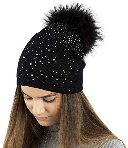 TOSKATOK® Ladies Fine Knit Winter Mütze mit Glitzerapplikation und Großem Pompom aus Kunstfell