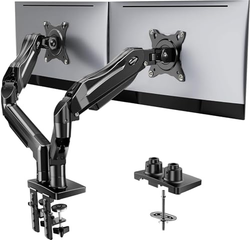 HUANUO FlowLift™ Dual Monitor Stand, Fully Adjustable Gaming Monitor Desk Mount for 13–32″ Computer Screens, Full Motion VESA 75x75/100x100 with C-Clamp & Grommet Base, Each Arm Holds 4.4 to 19.8 lbs