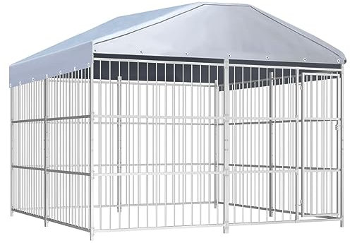 vidaXL Outdoor-Hundezwinger mit Überdachung 300×300×200 cm, Grau, für Hunde, Wetterfest, Sicher, Spielparadies, Schutz