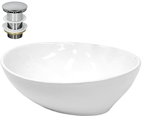 ECD Germany Vasque à Poser Lavabo - Ovale - 410 x 330 x 140 mm - en Céramique - Blanc - avec Kit de Vidange sans Trop-Plein - Évier Lave-Mains Salle de Bain - Connexion Standard - Design Classique