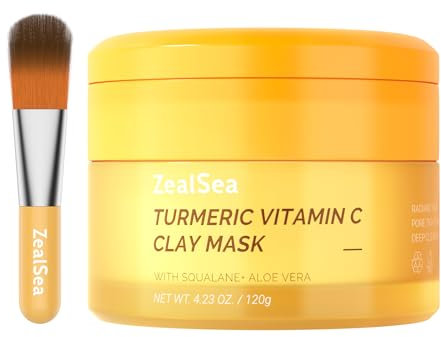 ZealSea Vitamin C Tonmaske für Dunkle Flecken - Kurkuma Tonmaske mit Bio Aloe Vera 120g - Gesichtsmaske Hautpflege, Tiefe Reinigungsgesichtsmaske Poren Verkleinern, Maske für Gesicht und Körper