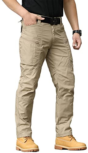 CARWORNIC Men’s Tactical Trousers Outdoor Hiking Pants for Men Rip-Stop Combat Cargo Pants Lightweight Military Pants Waterproof Fishing Work Camping Pants with Multi Pockets Khaki