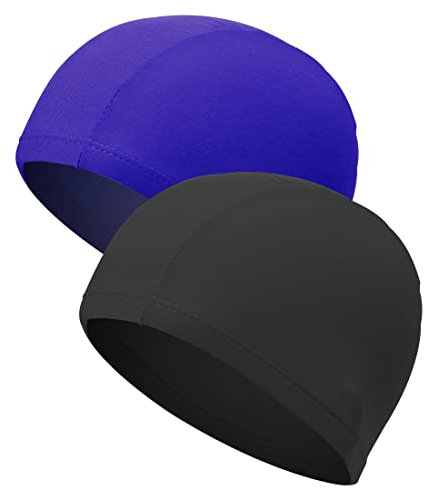 IUDWCG - 2 Pcs Neutrale Badekappe Kinderpoolkappe Erwachsenenpoolkappe elastischer Stoff Kurzhaar- und Langhaarduschkappe Spa-Poolkappe (schwarz, blau)