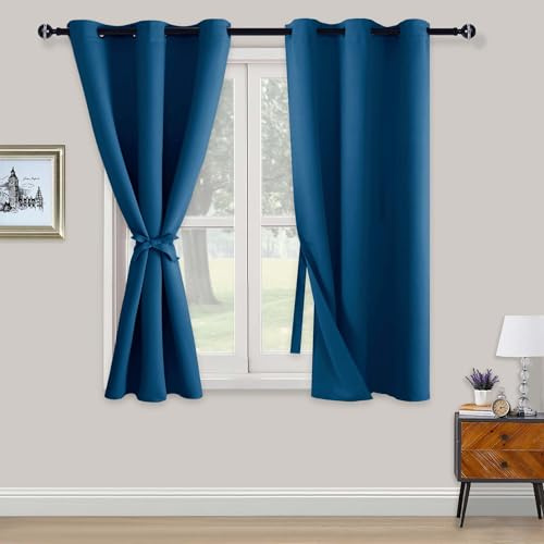 XWZO Blackout Curtains Shades Window Curtain Panels with Tiebacks- Noise Reduction and Thermal Insulated Eyelet Curtains for Bedroom,Living Room,Office,Study Room Blue W46xL54
