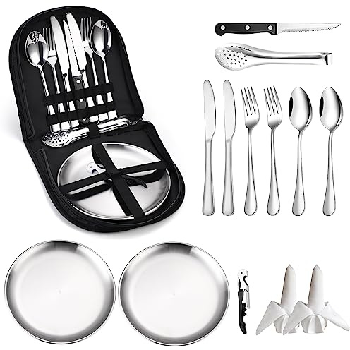 Camping Silverware Kit Cutlery Organizer Utensil Picnic Set - 13 Piece Mess Kit for 2 - Stainless Steel Plate Spoon Clip and Serrated Knife Wine Opener Fork Napkin Hiking - Camp Kitchen BBQ’s