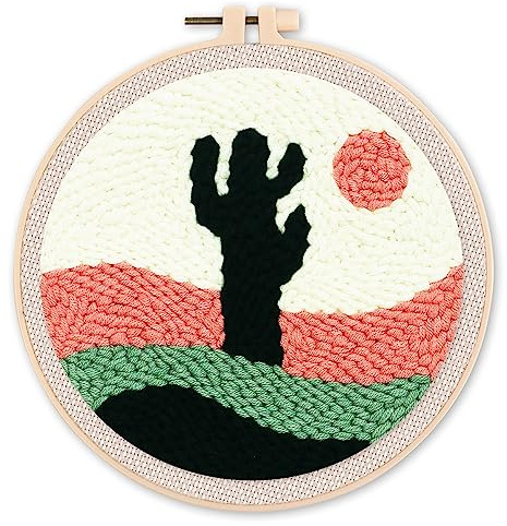 Figured'Art Punch Needle Kit Complet pour Adultes et Enfants - Cactus dans le Désert - Parfait pour Débutant. Set prêt à broder taille 20x20cm avec cadre circulaire