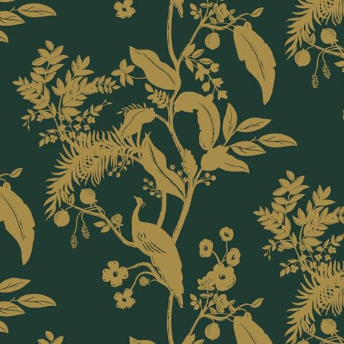 Fiula Selbstklebende Tapete Klebefolie Möbel Grün Vögel Blätter 44CMx3M Möbelfolie Selbstklebend Wasserdichte Wohnzimmer Schlafzimmer Dunkelgrün Gold Vintage Dekor Blumentapete Wallpaper