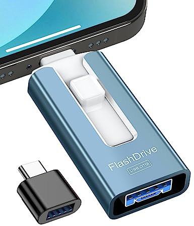 GNASEET Cle USB 256 Go, Clé USB 3.0 Transfert Grande Vitesse, 4 en 1 Clef USB Photo Stick Mémoire Externe pour iOS, Android, Pad, Type C et PC, Cle USB C Stockage Photos, Vidéos, Fichiers(Bleu)