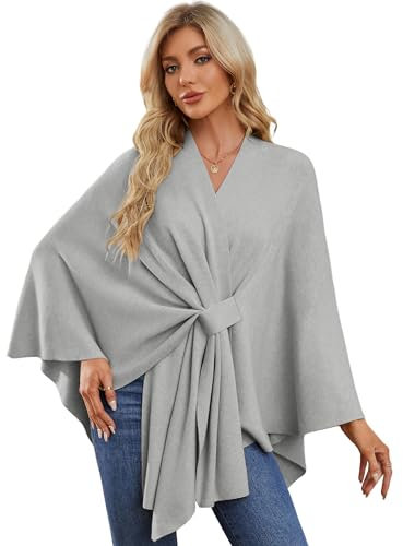 PULI Damen Elegant Poncho Strick Ponchos Capes Vorne öffnen Vielseitige Schalwickel mit Lasche GRAU