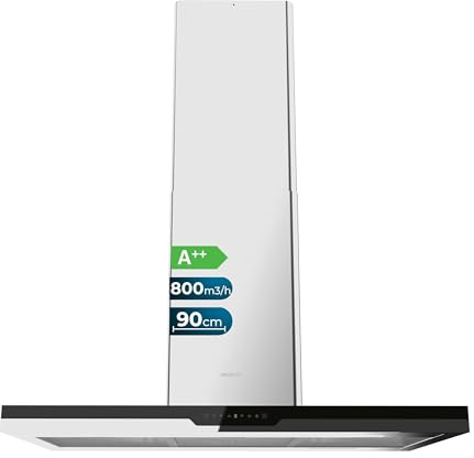 Cecotec Insel-Dunstabzugshaube 90 cm Bolero Flux Ict 908000 Glass Black A++. Schwarze Glasoptik, Saugleistung 800 m³/h, 210-W-Motor, Touch-Steuerung, Kohlefilter