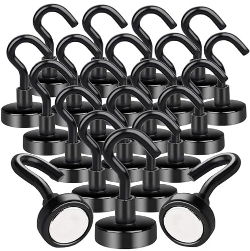 Aenienoe 20 Pack Magnetic Hooks Heavy Duty 22lb Strong Magnet with Hook Neodymium Magnet Hooks for Cruise Cabins Kitchen Fridge Van Classroom Office Camping Accessories 16mm Black
