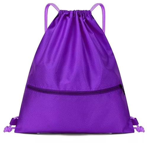 FATASH Large Drawstring PE Bag with Zipper Pocket, Waterproof Swimming & Gym Bag, Kids & Adult Unisex Design, Rucksack For School, Outdoor, Sports & Travel Purple