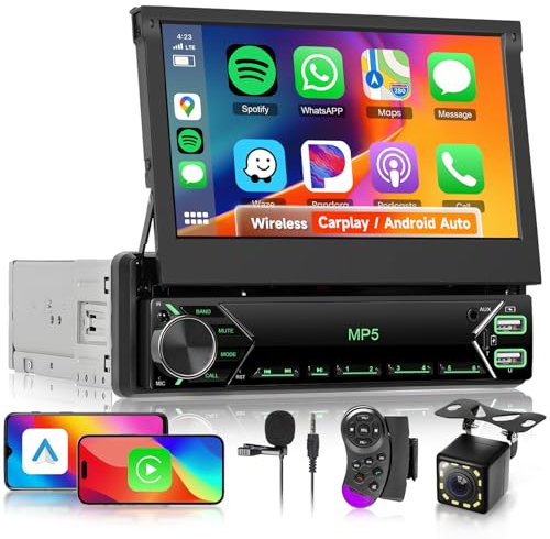Hodozzy 7 inch Single Din Flip Out Touch Screen Car Stereo with Wireless Carplay & Android Auto | Car Radio with Bluetooth, Mirror Link, FM, USB/Type-C Ports, AUX, External Mic & Rear Camera