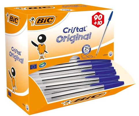 BIC Cristal Kugelschreiber, Original-Kugelschreiber, mittlere Spitze, 1,0 mm, Kunststoffschaft, blaue Tinte, Biros, schnell trocknend, glattes Schreibstift-Set für Schule, Büro, Zuhause, Notizen
