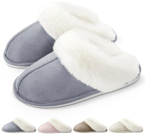RUVVDR Pantofole Donna Uomo Ciabatte Donna Uomo Invernali Comode Pelose Ciabatte Casa di Cotone Morbido Antiscivolo Slippers Interno & Esterno，Grigio，36-37 EU