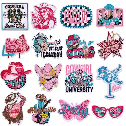 MWOOT 16 st western stryk-på-lappar för kläder, truckerhatt-lappar gör-det-själv-tillbehör, söt cowgirl-lapp för hattar, broderade applikationer för ryggsäckar, jeans, jackor dekoration