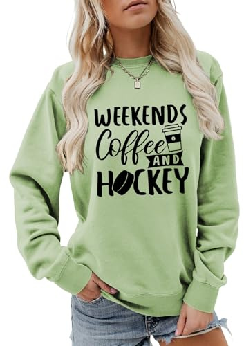 Weekends Coffee And Hockey Sweatshirt For Women Coffee Lover Hockey Season Game Day Shirt Crewneck Pullover(Olive green,Small)
