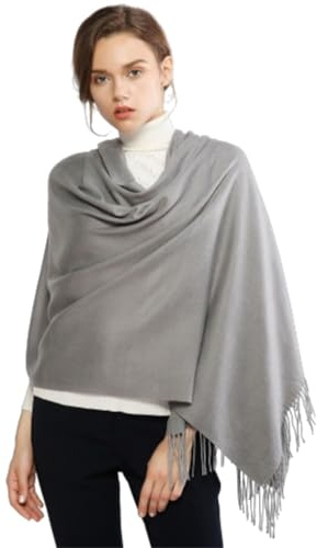Generisk pashmina halsduk för kvinnor, mjuk, enfärgad, trendig, varm, med franshalsduk hundtassar, GRÅ, One size
