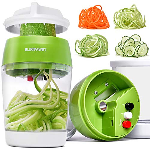 ELIRIVAWET Neueres Modell 5 in1 Spiralschneider Hand für Gemüsespaghetti, Gemüse Spiralschneider mit Behälter, Gemüsehobel für Karotte, Gurke, Kartoffel,Kürbis, Zucchini, Zwiebel