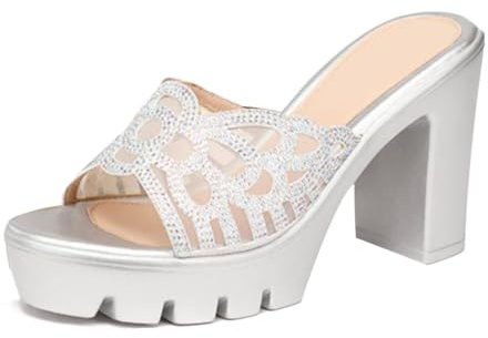 HNVAVQ Mules Elegantes con Brillos y Tacón Bloque para Mujer