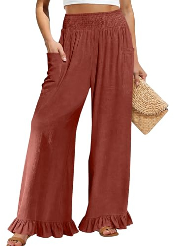 Pantalones Verano Mujer,Pantalones De Pierna Ancha para Mujer Algodón Y Lino Cintura Alta Perneras De Hoja del Loto Suelto Boho Pantalón con Bolsillos Casual Cómodo Pantalón Palazzo Verano Liso