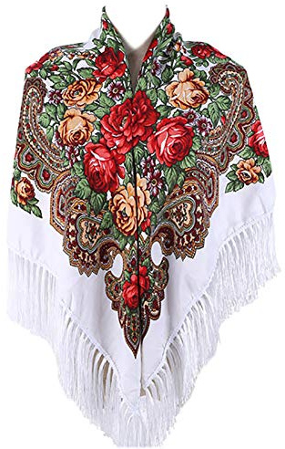 Gudessly Traditional Ukrainian Scarf and Wrap Tassel Shawl Fringes Neck Head Shawl (White)