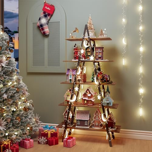 YOUDENOVA Ladder Bookshelf, Christmas Village Display, A-Shaped Bookcase
