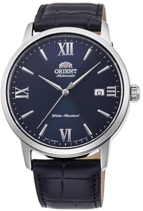 Orient Automatik Herren Armbanduhr aus Edelstahl und Leder in der Farbe Silber-blau, Gehäuse 42 mm, wasserdichte: 3 ATM, RA-AC0F11L10B