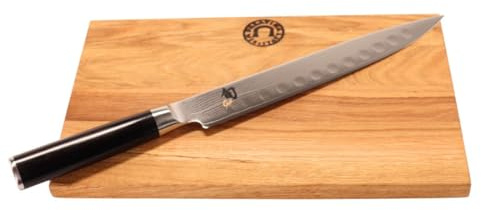 KAI DM-0720 Shun Schinkenmesser 23 cm mit Kullenschliff + Eichenholzbrett 30x20 cm – Damaszenerstahl 32 Lagen – VG MAX Stahl 61 HRC – Klingenschonend & robust – Geschenkset für Profiköche