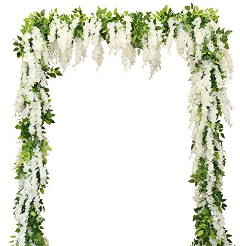 Apeair Wisteria Artificial Flowers Garland, 2Pcs Total 14.4ft Silk Faux Wisteria Vine Kit, Hanging Flower Plant for House Outdoor Garden Ceremony Outside Wedding Arch Floral Decor (2, White)