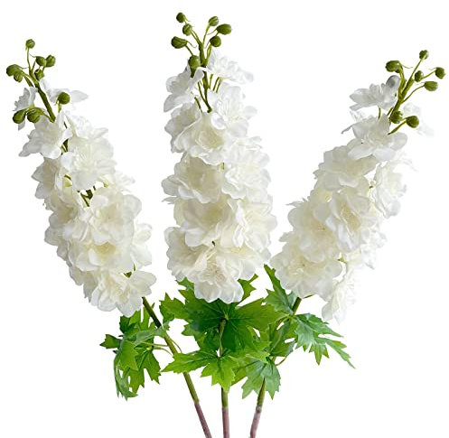 YalzoneMet 3Pcs White Delphinium Artificial Flower Real Touch Latex Delphinium Flower Big 31.5'' Long Stem Lifelike Fake Silk Larkspur for Home Outdoor Wedding Flora Table Centerpiece