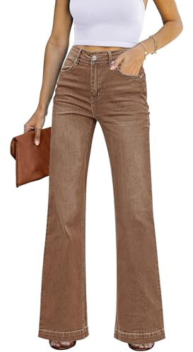 luvamia Jeans svasati a vita alta per le donne Jeans larghi elasticizzati a gamba larga, Marrone noci pecan, XL