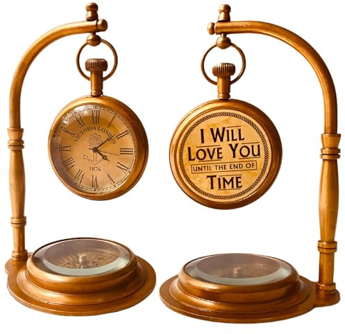 ALADEAN Brass Table Clock with Compass | Romantic Desk Clock - Decorative Vintage Mechanical Clock Lovers Boyfriend/Husband Birthday/Wedding Gifts (Love You)