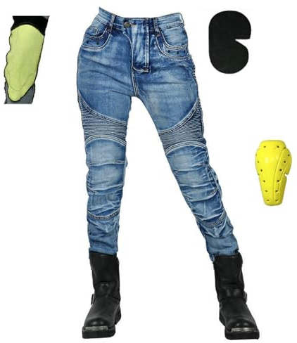 HOMDECR Femme Pantalon Moto,Jeans Moto Très Extensible Respirant Imperméable Randonnee Pantalon De Travail Cargo Racewear Protection Moto Pantalon Avec 4 Protéger Pads Amovibles (Bleu,XL)
