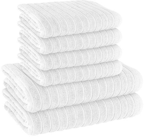 Olivia Rocco 6 Piece Ribbed Towel Set 2 Bath Towels, 4 Hand Towels Quick Dry 100% Cotton Hotel Quality Towel Sets Super Soft and Highly Absorbent, White